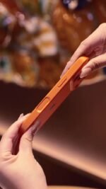 Premium Orange Leather Finish iPhone Case with Full Camera Protection - Image 3